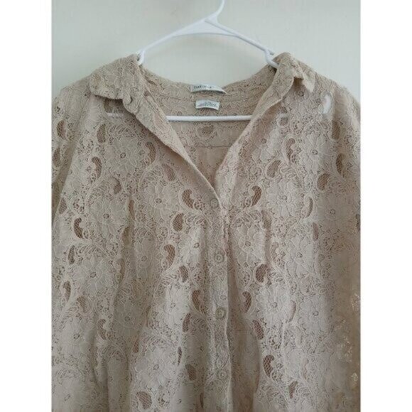 VAN HEUSEN STUDIO Lace Blouse XL Button Up Collared Romantic Boho Cottagecore - Picture 3 of 7